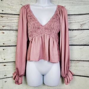She & Sky Blush Pink Smocked Long Sleeve Peplum Blouse Size M Feminine Boho